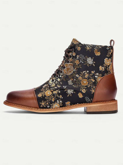 Women's Floral Print Lace-Up Ankle Boots – Retro Faux Leather and Jacquard Fabric Boots for Fall and Winter Casual Wear