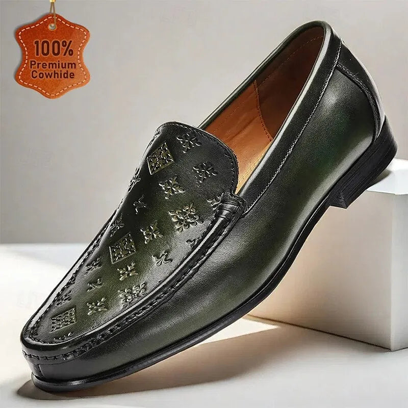 Men's Green Embossed Leather Loafers with Patterned Design for Business and Casual Wear in Classic Style