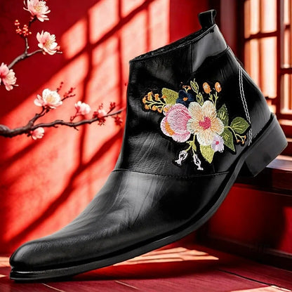 Men's Premium Cowhide Embroidered Leather Ankle Boots - Stylish Floral Design for Casual or Formal Wear