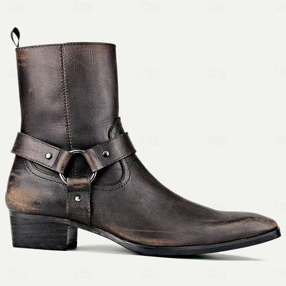 Men's Handmade Goodyear Welted Leather Ankle Boots with Harness Strap and Side Zipper