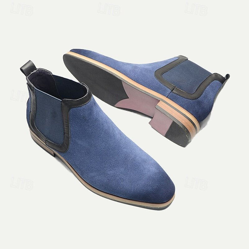 Men's Blue Suede Chelsea Boots - Premium Cowhide Leather, Classic Slip-On Ankle Boots