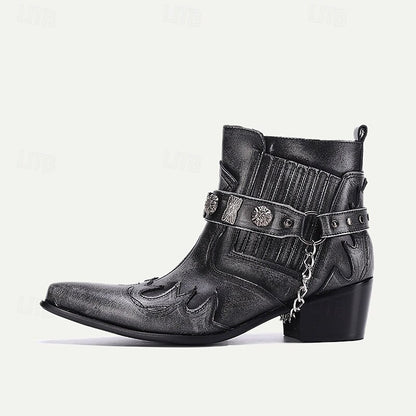 Men's Black Premium Cowhide Leather Motorcycle Boots with Western Style, Metal Studded Strap, and Chain Accent - Perfect for Biker and Cowboy-Inspired Fashion