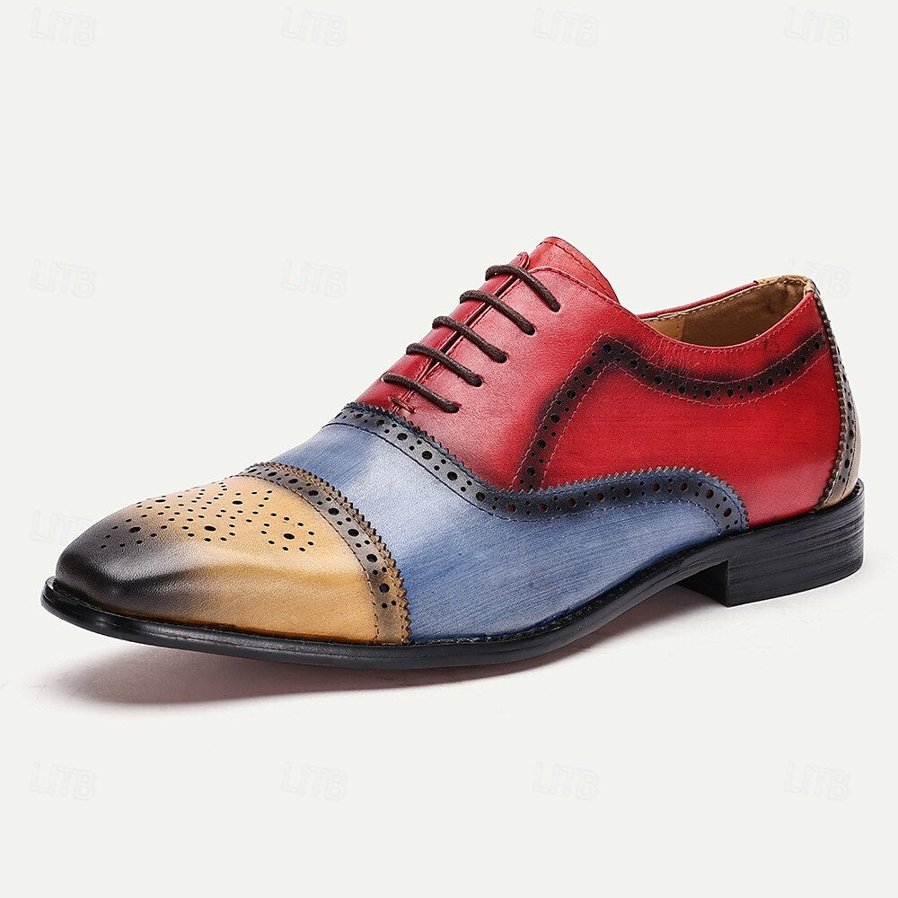 Men's Premium Cowhide Leather Oxford Shoes - Multicolor Brogue Lace-Up Dress Shoes with Wingtip Design