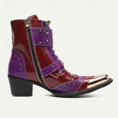 Men's Premium Cowhide Studded Motorcycle Boots - Bold Red and Purple Design with Buckles and Metallic Toe Cap