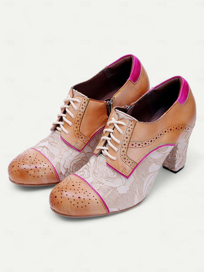 Women's Vintage Floral Lace-Up Heeled Oxford Shoes-Leather Brogue Design with Pink Accents for Retro and Chic Styles