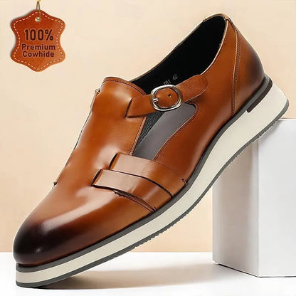 Men's Modern Brown Leather Monk Strap Shoes: Sleek Design with Contrast Sole - Tokiyos