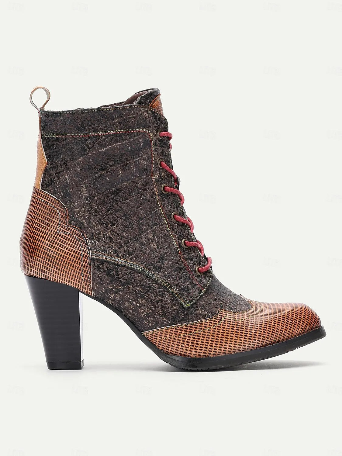 Vintage-Style Coffee Lace-Up Ankle Boots with Chunky Heels for Women