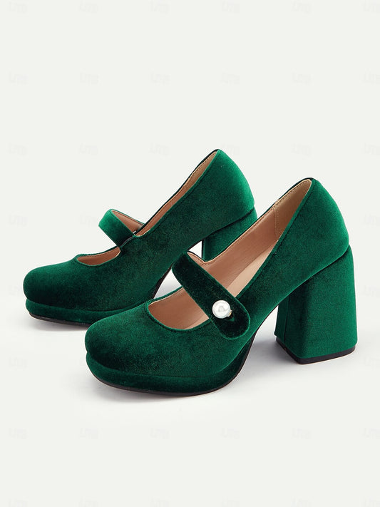 Women's Green Velvet Mary Jane Block Heels with Pearl Accent