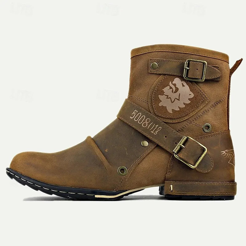 Men's Brown Leather Motorcycle Boots with Buckle Straps and Reinforced Toe - Rugged Biker Boots for Riding and Outdoor Adventures