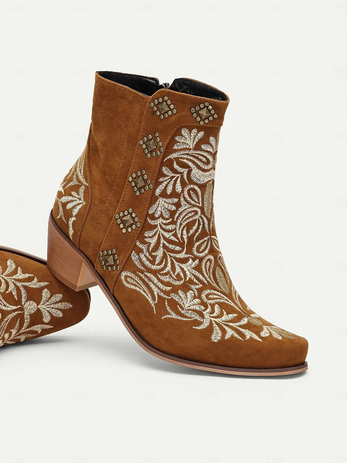 Women's Brown Embroidered Western Ankle Boots with Studded Details - Perfect for Casual Outings and Rodeo Events