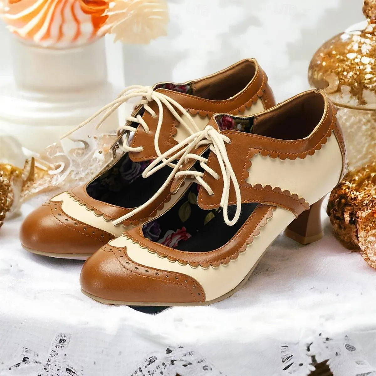 Women s Two Tone Oxford Heels with Lace Up Front and Floral Insole