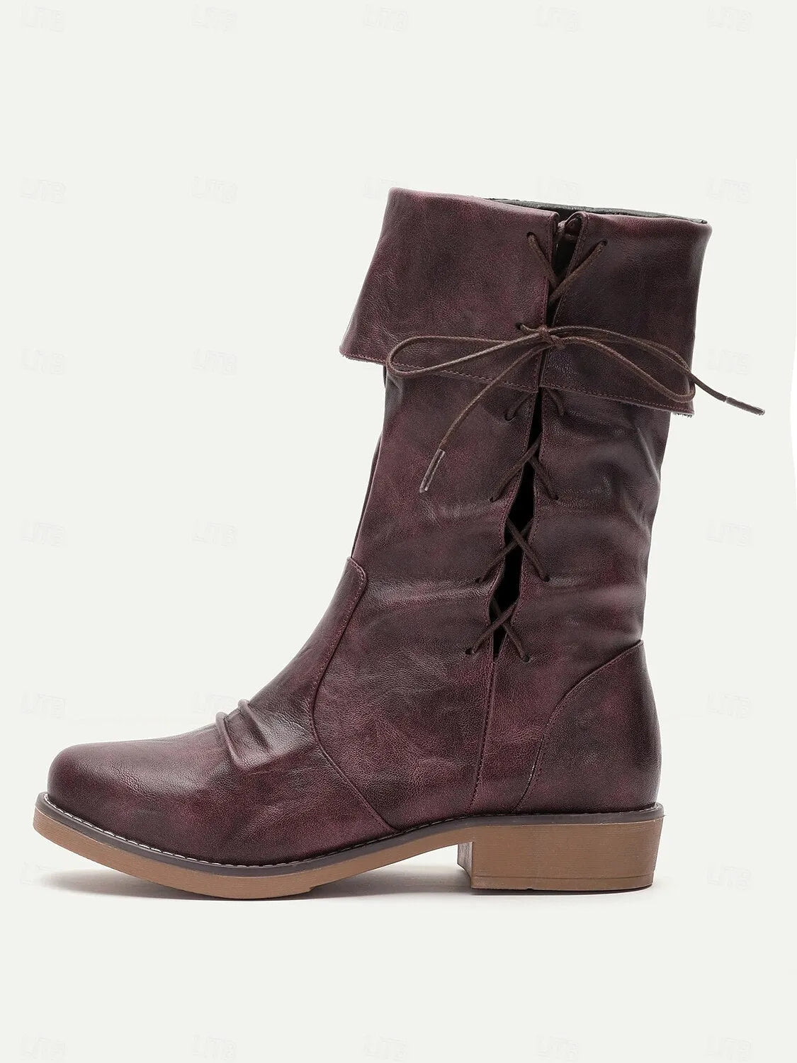 Women's Burgundy Convertible Mid-Calf Boots with Fold-Down Cuff and Lace-Up Detail - Versatile Vintage-Inspired Footwear for Casual and Fall Outfits