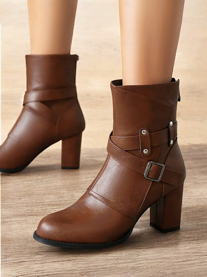 Women's Green Ankle Boots with Buckle Straps – Chunky Block Heel, Zip Closure, Perfect for Fall and Winter Fashion