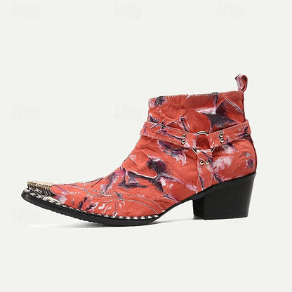 Men's Premium Cowhide Motorcycle Boots with Floral Design and Metal Toe Cap - Western Ankle Boots for Riding and Casual Wear