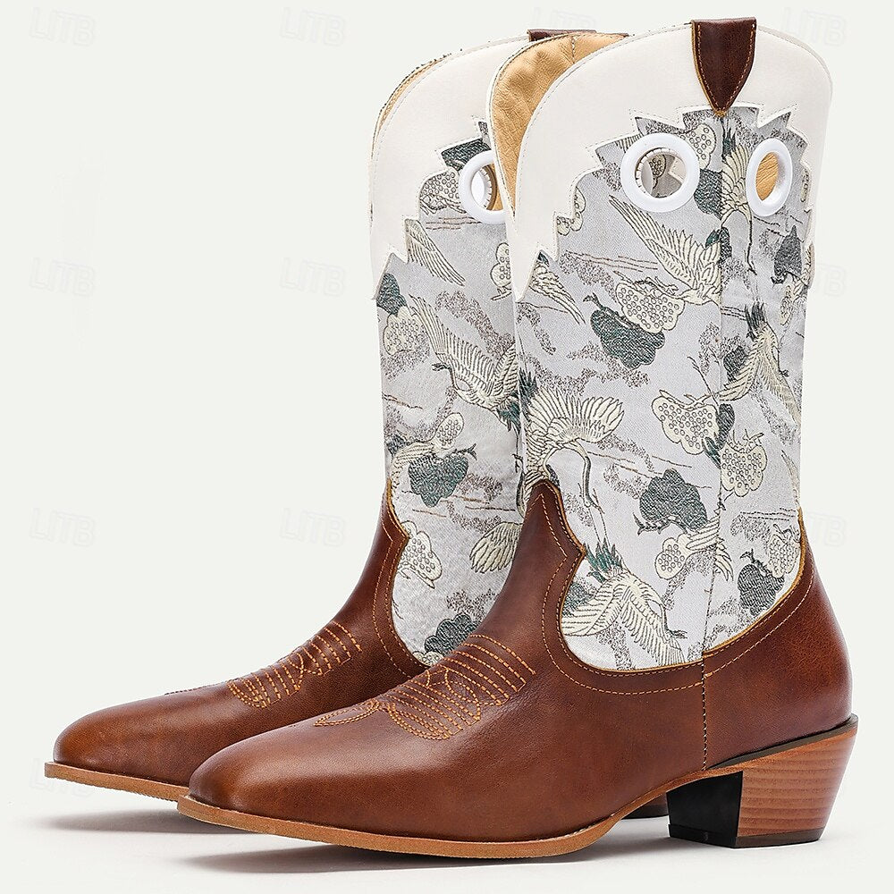 Men's Premium Cowhide Western Cowboy Boots with Embroidered Crane Pattern-Vintage Style Boots for Ranch and Outdoor Wear