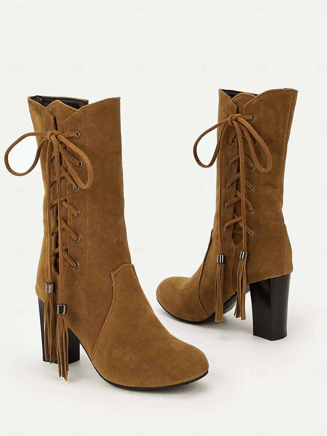 Women's Brown Suede Lace-Up Mid-Calf Boots with Zipper and Tassel Details - Stylish High Heel Boots for Fall and Winter