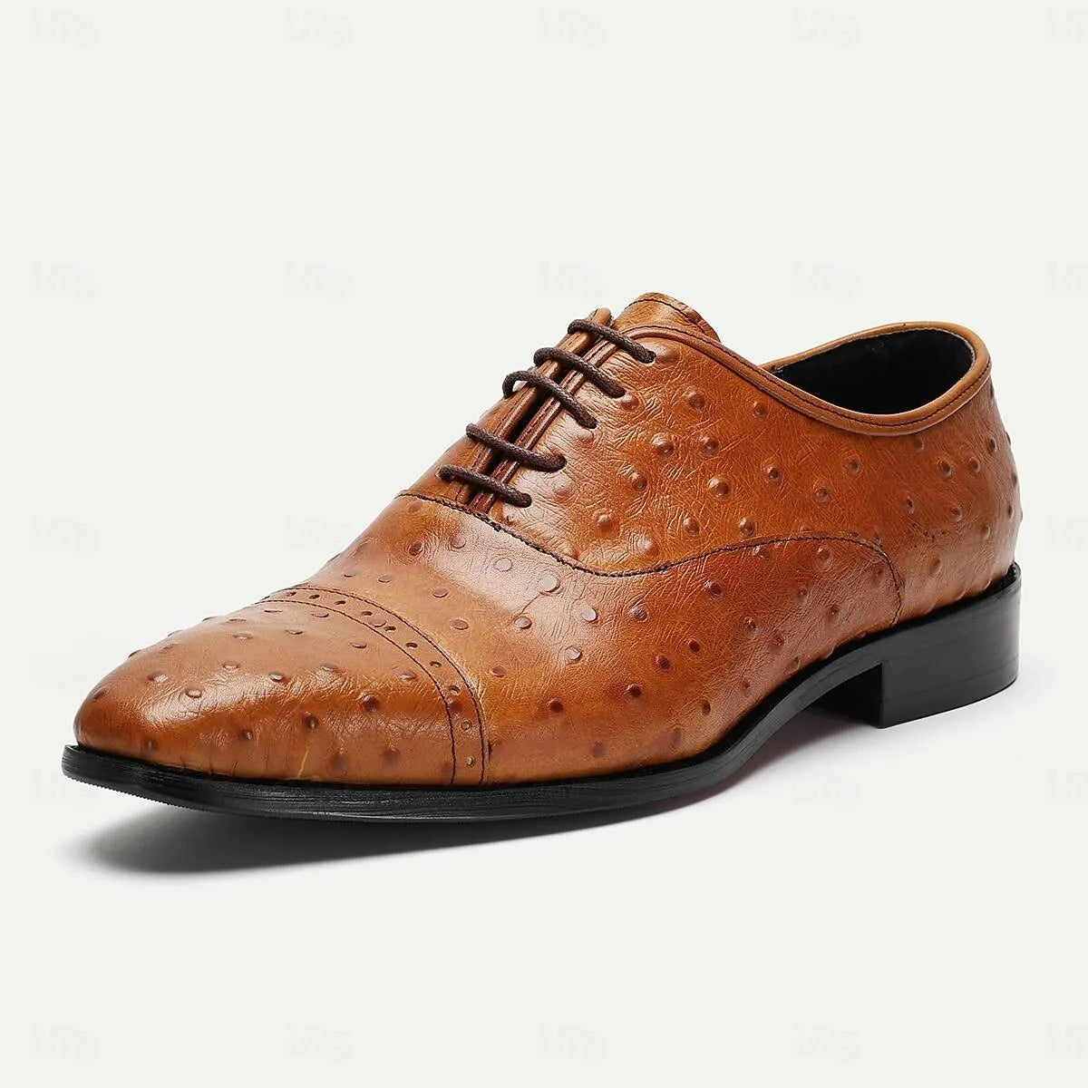 Men's Brown Ostrich Leather Oxfords: Elegant Brogue Detailing - Tokiyos