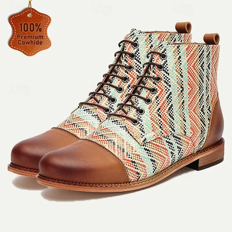 Men's Premium Woven Fabric and Leather Lace-Up Boots with Vibrant Zigzag Pattern and Leather Toe Cap