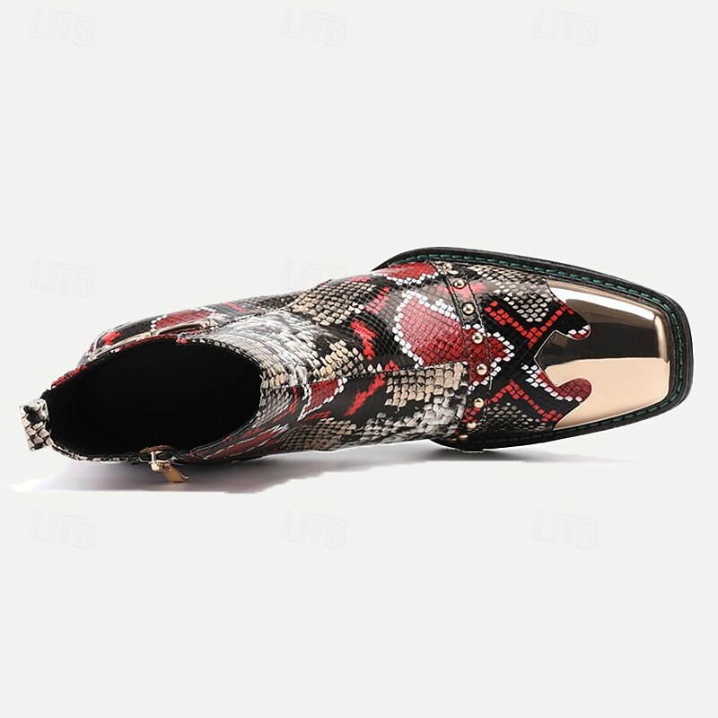 Men's Snake Print Leather Ankle Boots Premium Cowhide Red and Black Exotic Design