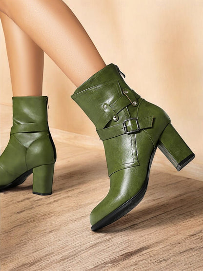 Women's Green Ankle Boots with Buckle Straps – Chunky Block Heel, Zip Closure, Perfect for Fall and Winter Fashion