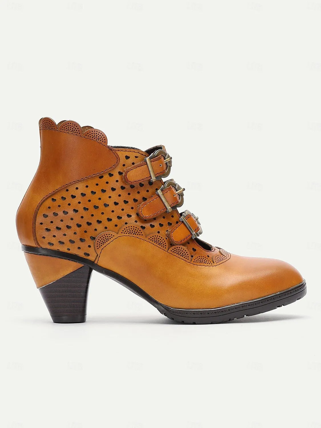 Vintage-Style Light Brown Buckle Strap Ankle Boots with Perforated Design for Women