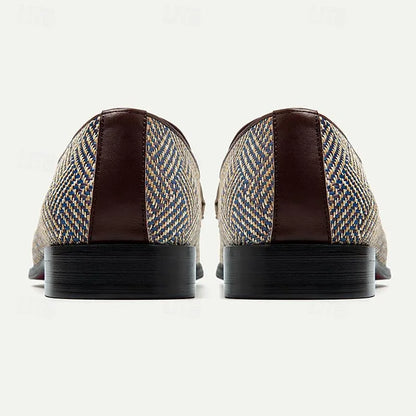 Men's Herringbone Woven Loafers - Breathable Brown and Blue Slip-On Casual Shoes