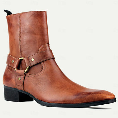 Men's Handmade Goodyear Welted Leather Ankle Boots with Harness Strap and Side Zipper