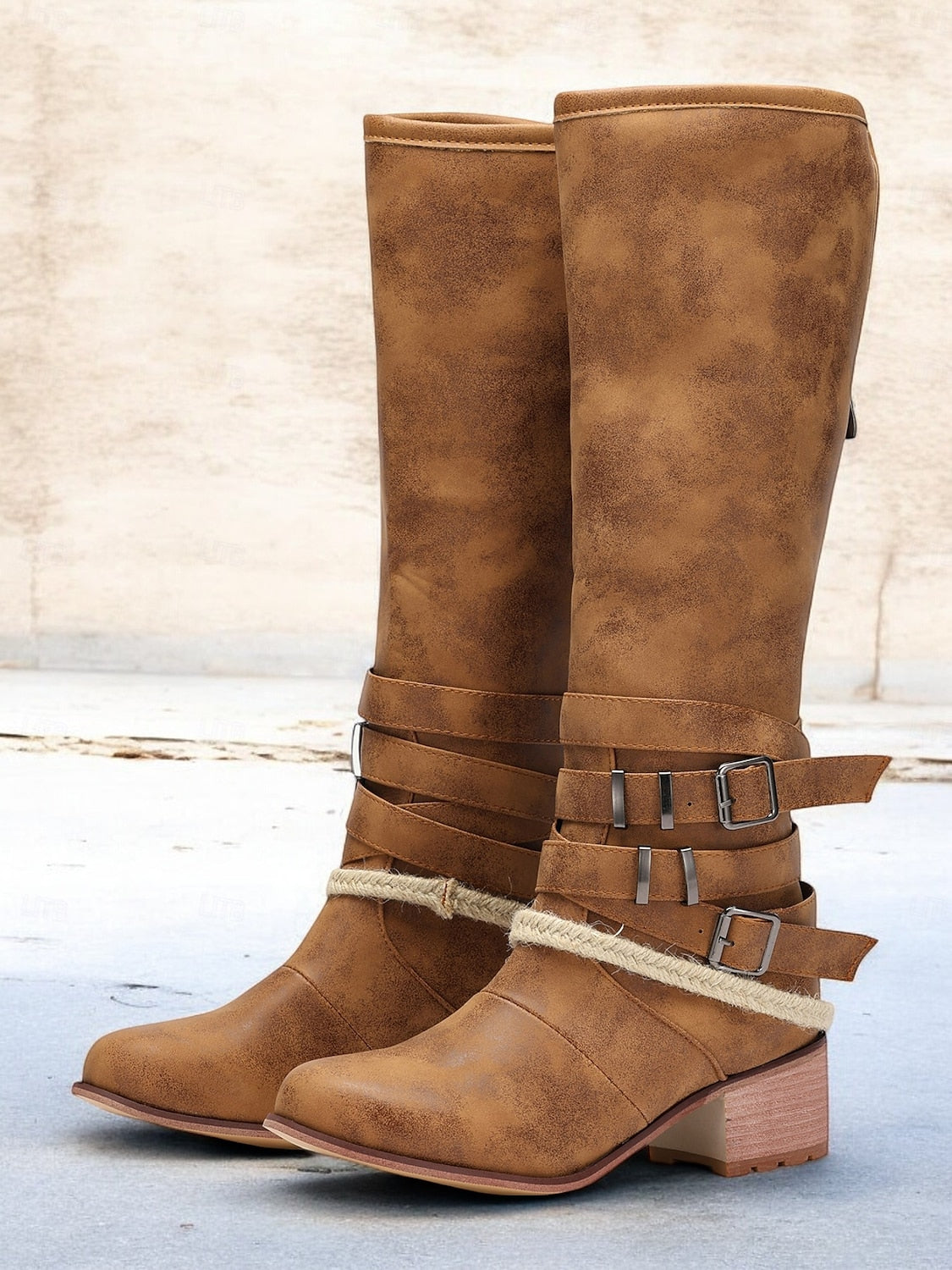 Rustic Brown Western Women's Boots with Buckle Straps and Rope Detailing - Vintage Style, Perfect for Casual Outings and Country Festivals