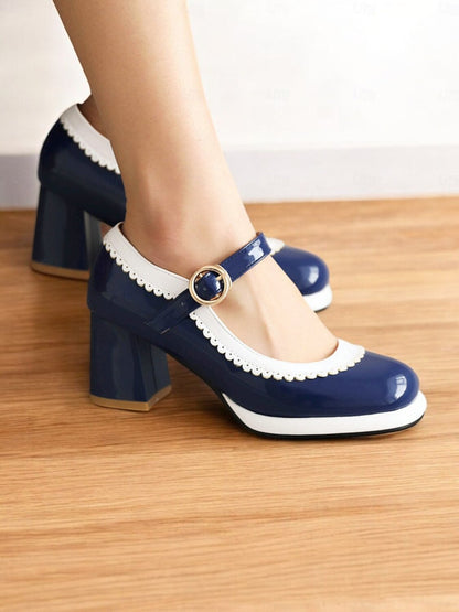 Women's Retro Blue and White Mary Jane Block Heels with Scalloped Trim – Vintage-Style Shoes for Cosplay, Parties, and Formal Occasions