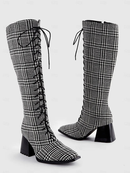 Women's Black and White Faux Leather Lace-Up Knee-High Boots with Chunky Heel