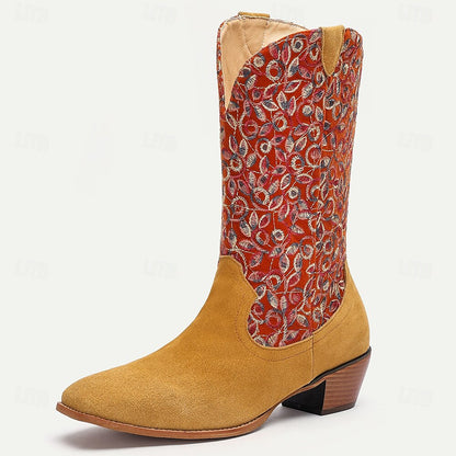 Men's Premium Cowhide and Jacquard Fabric Western Cowboy Boots with Multicolor Embroidery-Vintage Style Boots for Ranch and Outdoor Wear