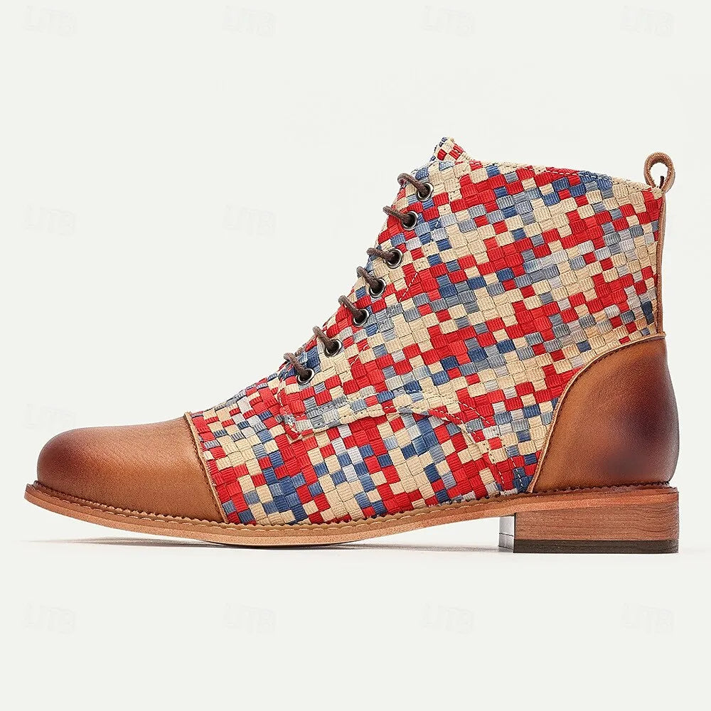 Men's Premium Woven Fabric and Leather Lace-Up Boots with Red and Blue Checkered Pattern and Leather Toe Cap