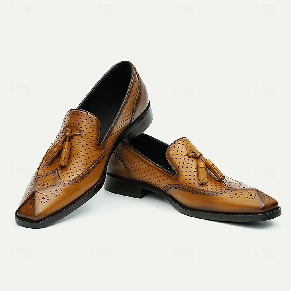 Men's Vintage Brown Leather Perforated Tassel Loafers - Tokiyos