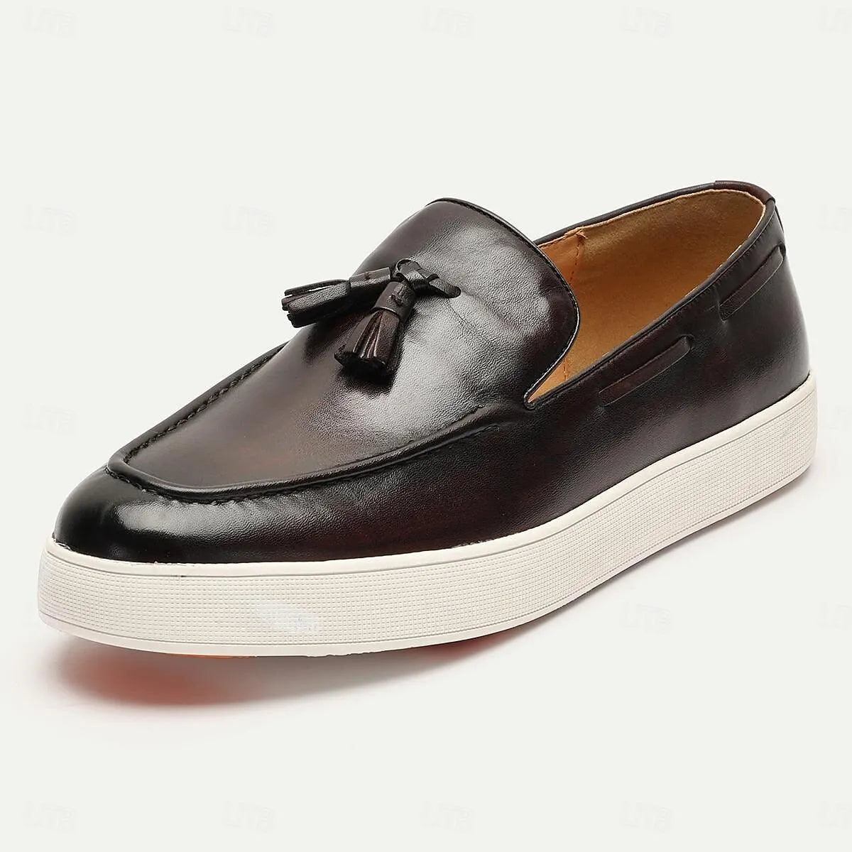 Men's Brown Leather Tassel Loafers with White Sole - Tokiyos