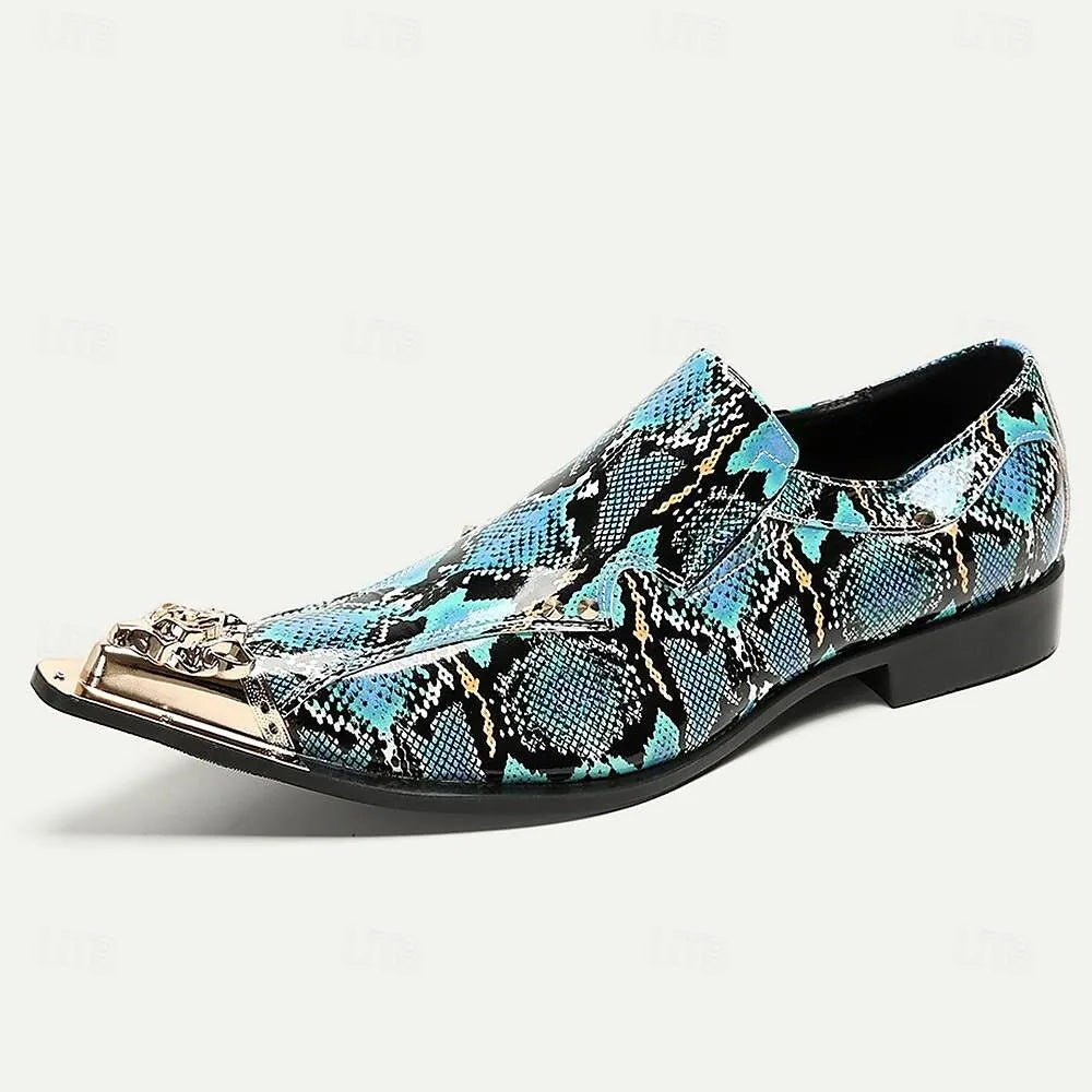 Men's Blue Snake Print Loafers Dress Shoes with Gold Lion Accents - Tokiyos