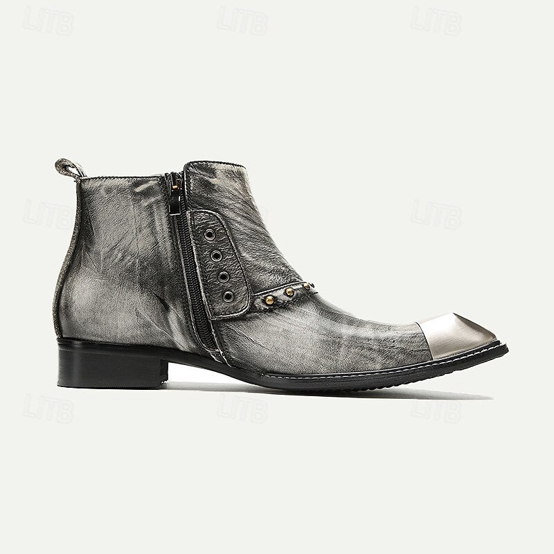 Men's Metallic Silver Leather Chelsea Motorcycle Boots-Pointed Toe Ankle Boots