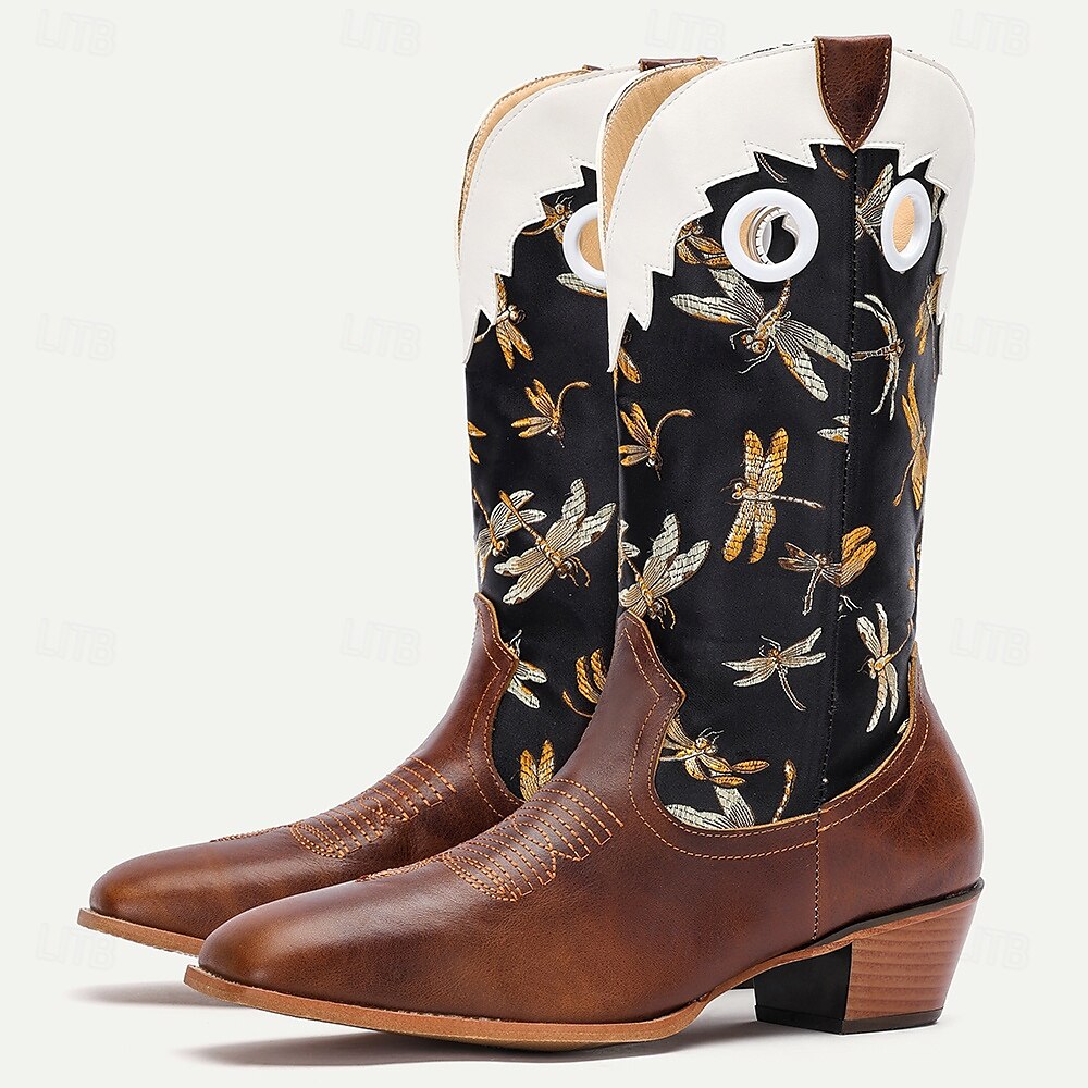 Men's Premium Cowhide Leather and Jacquard Fabric Western Cowboy Boots with Dragonfly Embroidery-Vintage Style Boots for Ranch and Outdoor Wear