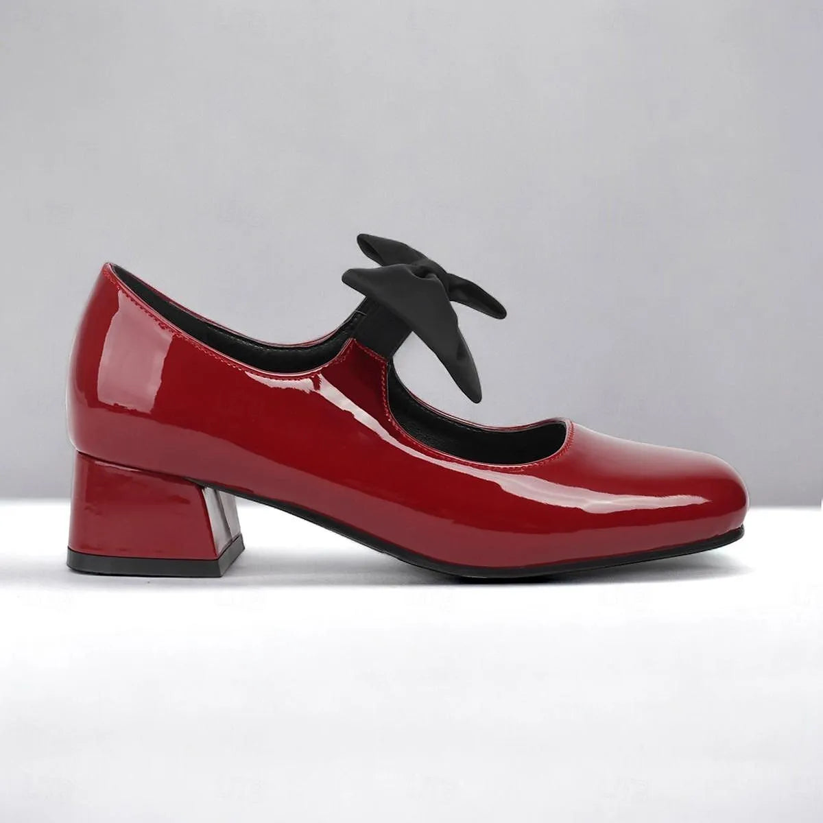 Red Patent Leather Mary Jane Heels with Black Bow for Women - Tokiyos