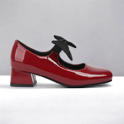 Red Patent Leather Mary Jane Heels with Black Bow for Women - Tokiyos