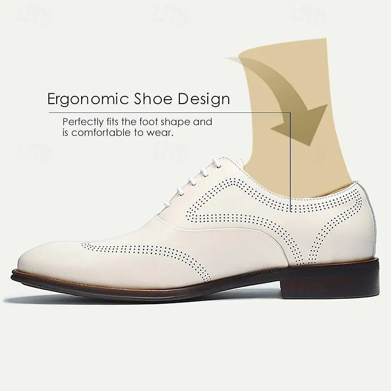 Men's White Leather Oxford Shoes with Perforation - Tokiyos