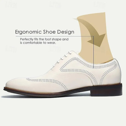 Men's White Leather Oxford Shoes with Perforation - Tokiyos