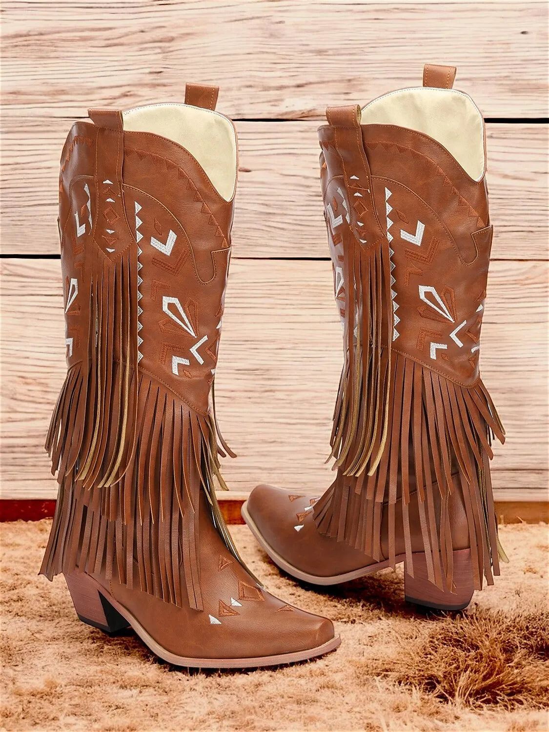 Women's Brown Faux Leather Fringe Western Cowboy Boots with Embroidered Details