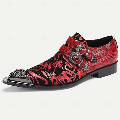 Men's Red Leather Dress Shoes with Graphic Print and Double Buckles - Bold Formal Footwear - Tokiyos