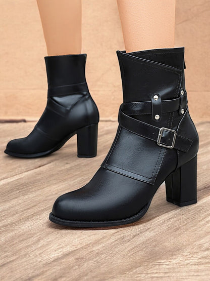 Women's Green Ankle Boots with Buckle Straps – Chunky Block Heel, Zip Closure, Perfect for Fall and Winter Fashion