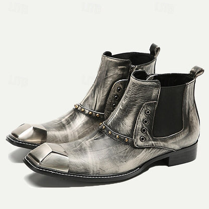 Men's Metallic Silver Leather Chelsea Motorcycle Boots-Pointed Toe Ankle Boots