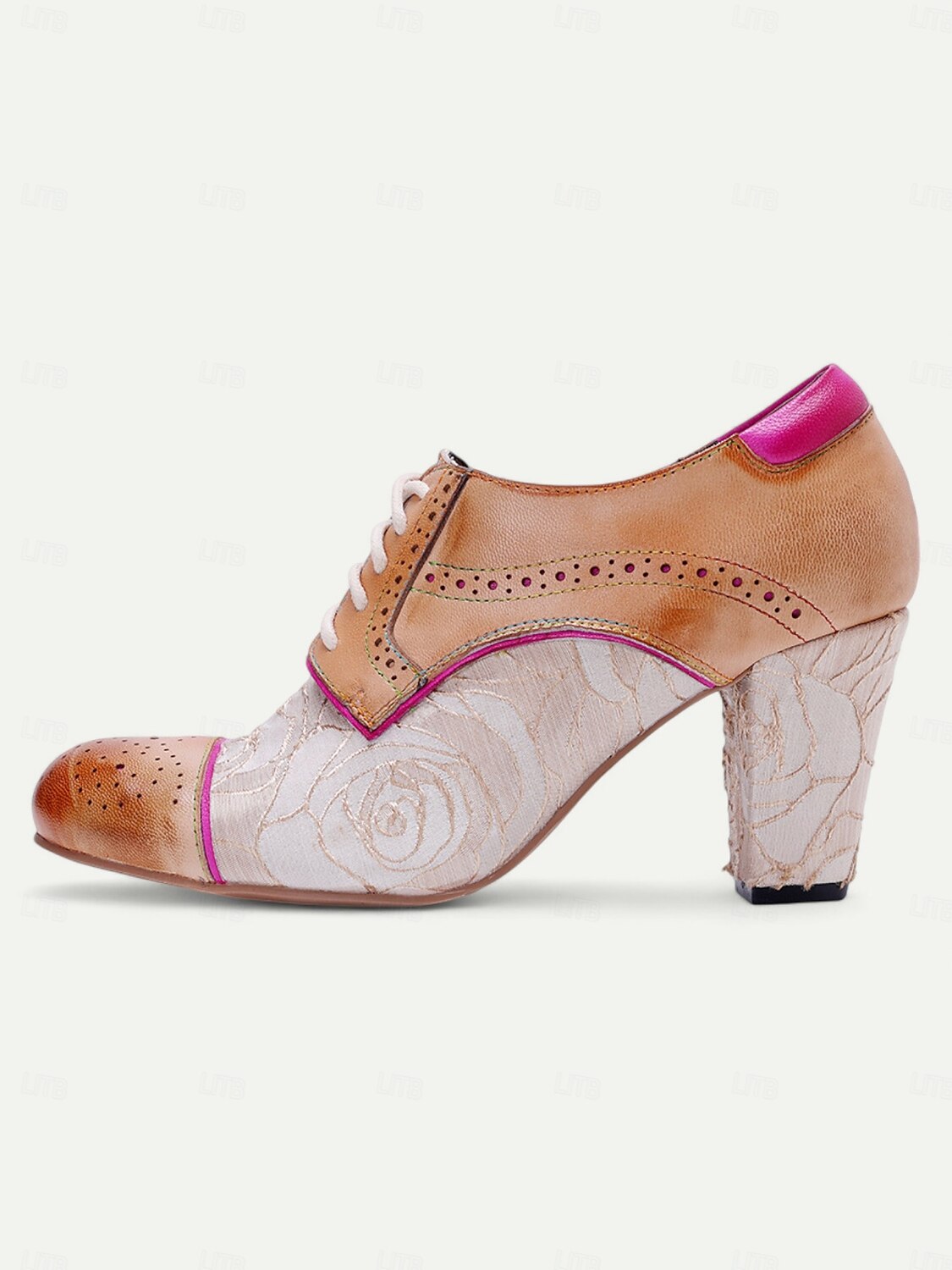 Women's Vintage Floral Lace-Up Heeled Oxford Shoes-Leather Brogue Design with Pink Accents for Retro and Chic Styles