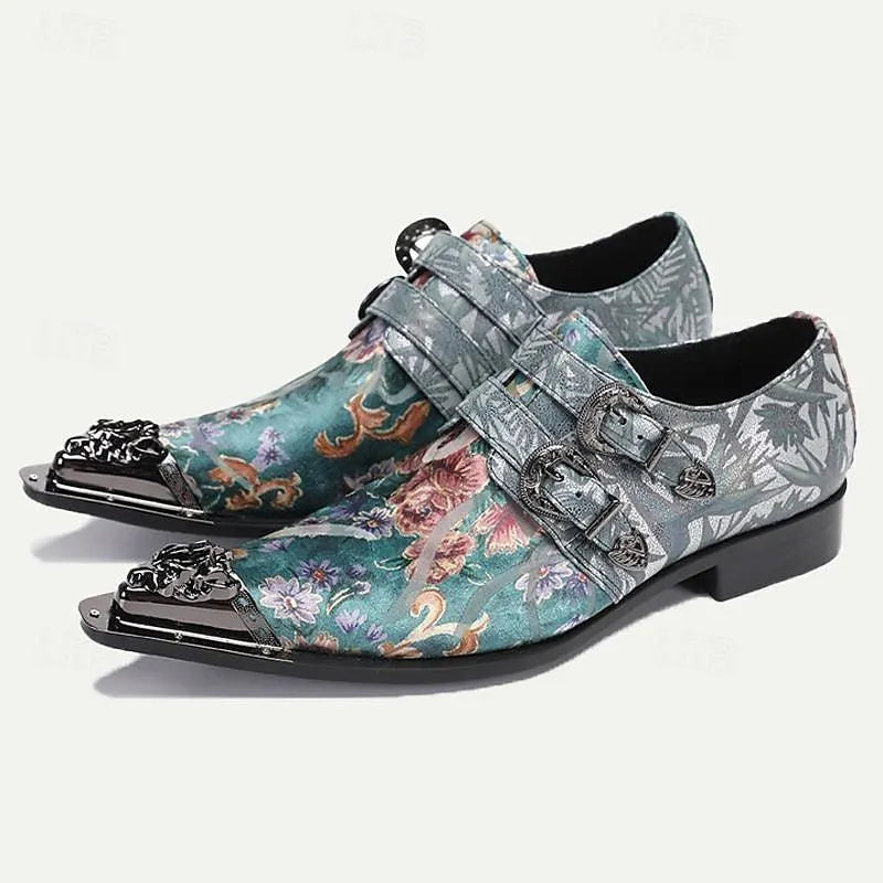 Men's Metallic Floral Dress Shoes with Double Buckles - Stylish Formal Footwear - Tokiyos