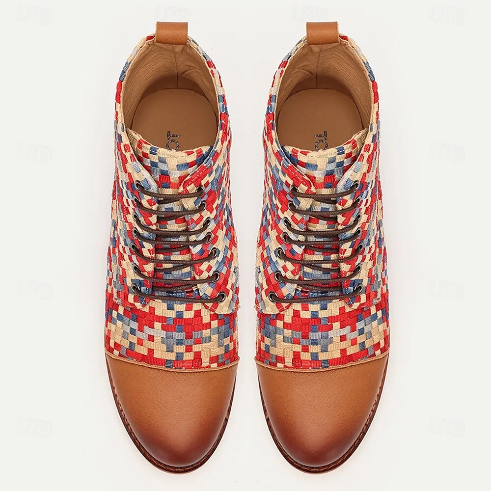 Men's Premium Woven Fabric and Leather Lace-Up Boots with Red and Blue Checkered Pattern and Leather Toe Cap