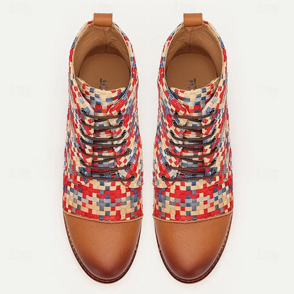 Men's Premium Woven Fabric and Leather Lace-Up Boots with Red and Blue Checkered Pattern and Leather Toe Cap