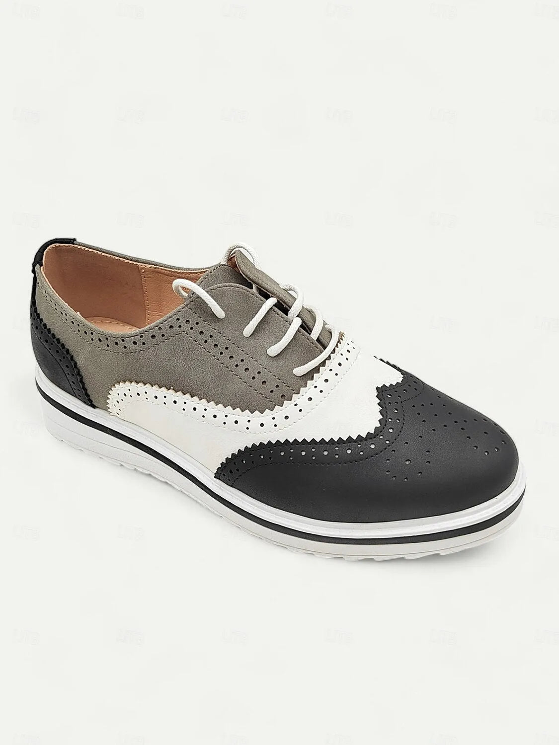 Women's Pink and Beige Brogue Oxford Sneakers, Lace-Up Casual Shoes with Wingtip Detailing for Everyday Wear